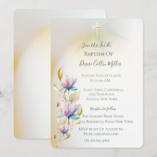 Blush & Lilac Floral ,Gold Cross Baptism Invitatio Invitation