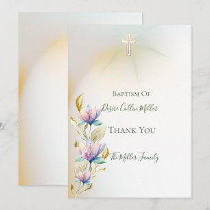 Blush & Lilac Floral ,Gold Cross Baptism Invitatio Thank You Card