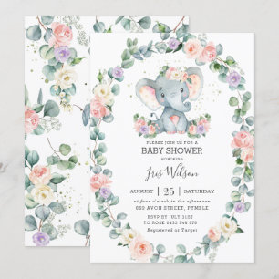 Blush Lilac Floral Greenery Elephant Baby Shower Invitation