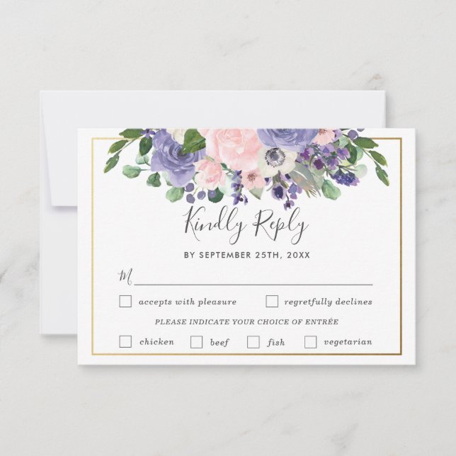Blush Lilac Floral Wedding Meal Choice RSVP Card (Front)