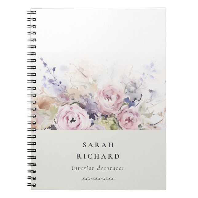Blush Lilac Watercolor Rose Floral Bunch Business Notebook (Front)