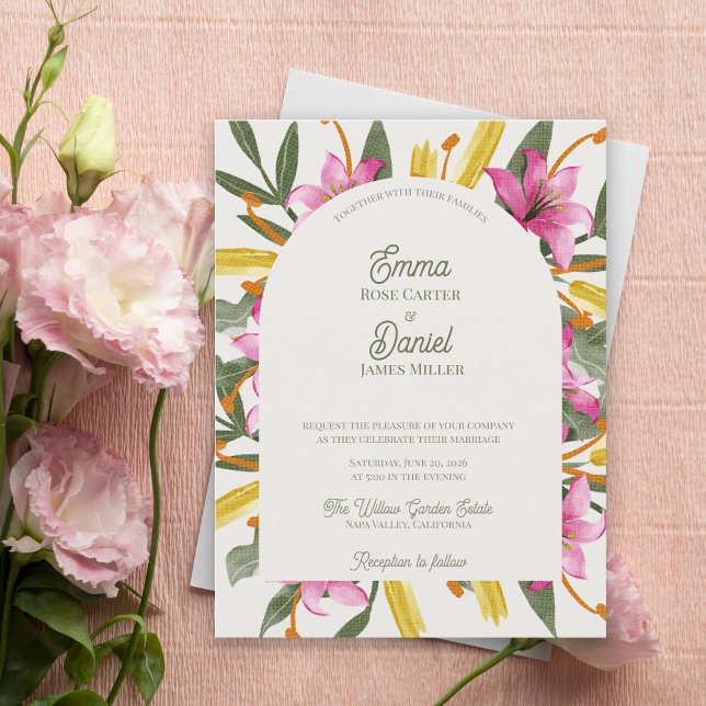 Blush Lily Arched Botanical Floral Wedding Invitation Postcard (Blush Lily Arched Wedding Invitation | Elegant Botanical Arch Floral Wedding Invite)