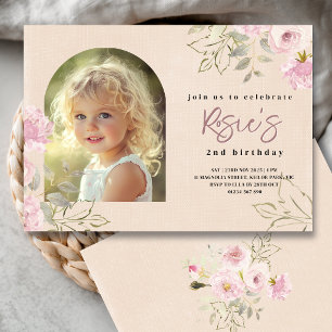 Blush Linen Floral Rose Photo Birthday Invitation