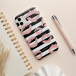Blush Lip Print Kisses Black & White Stripe Case-Mate iPhone 14 Case<br><div class="desc">Smooch! Chic phone case features a black and white stripe background overlaid with pale blush pink lip print kisses. Use the optional personalization field to add a name or monogram,  or simply delete. Makes a cute gift for makeup artists or beauty enthusiasts.</div>