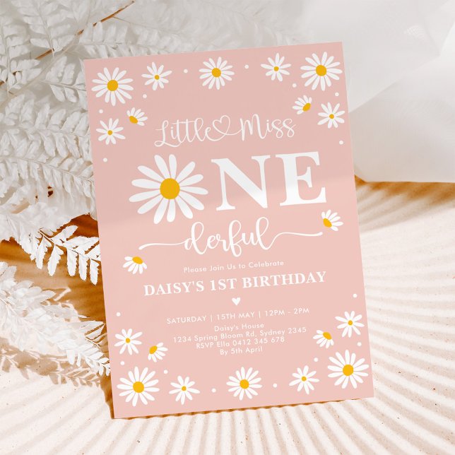 Blush Little Miss ONEderful Daisy Flowers Birthday Invitation (Creator Uploaded)