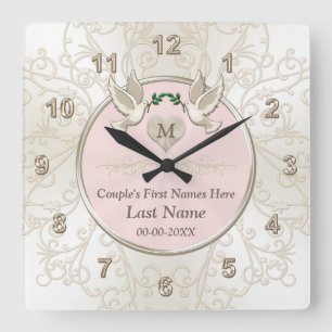 Blush Love Birds Wedding Gifts Clock, Personalized Square Wall Clock
