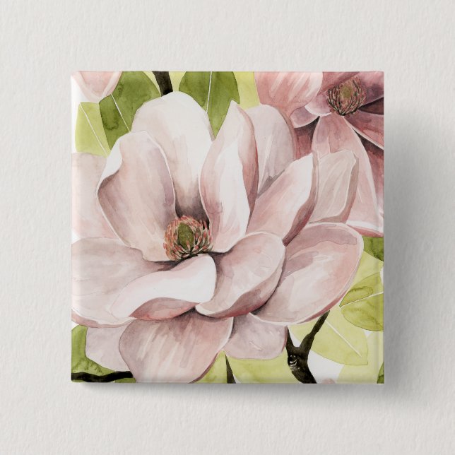 Blush Magnolia Flowers 2 Inch Square Button (Front)