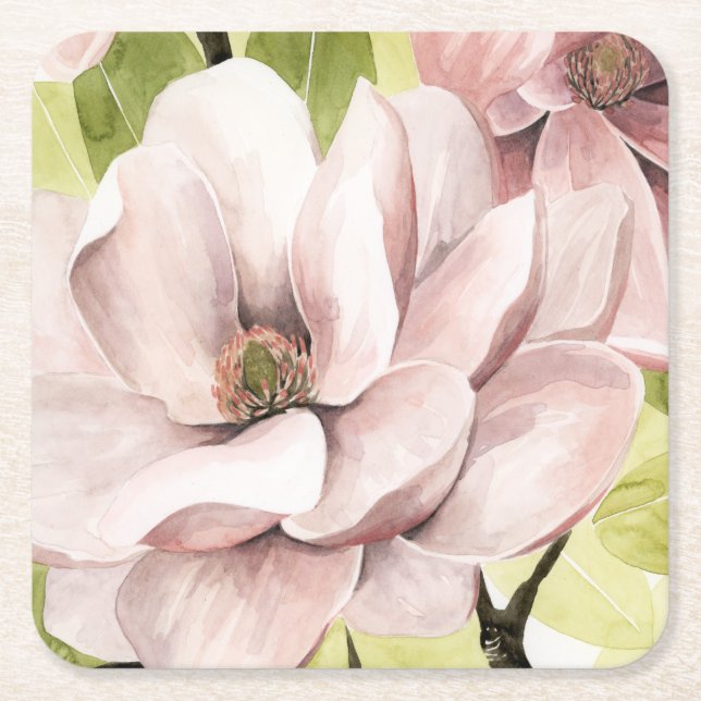 Blush Magnolia Flowers Square Paper Coaster (Front)