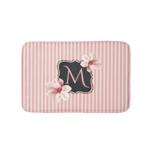 Blush Magnolias and Stripes Monogrammed Bath Mat