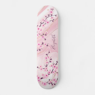 Blush Marble Cherry Blossom Monogram Girly Skateboard
