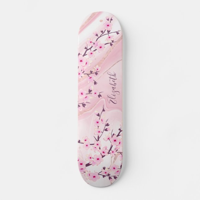 Blush Marble Cherry Blossom Monogram Girly Skateboard (Front)