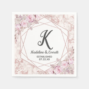 Blush Marble Geometric Floral Monogram Wedding Napkin