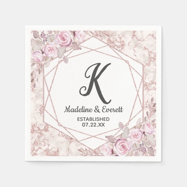 Blush Marble Geometric Floral Monogram Wedding Napkin (Front)