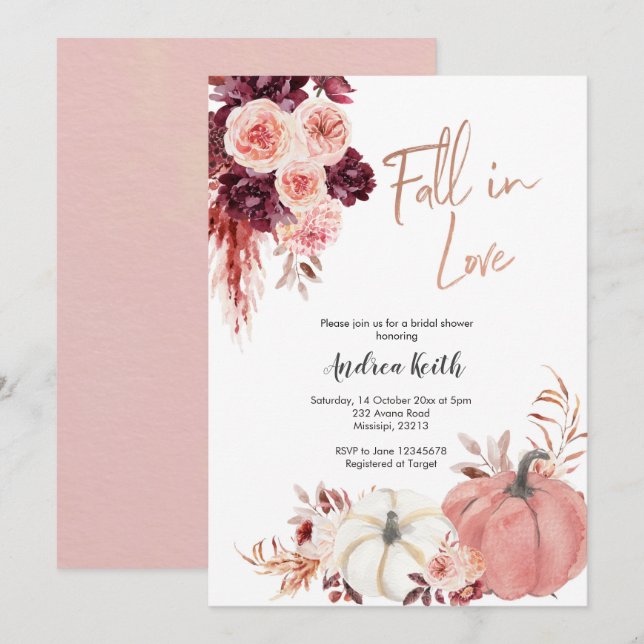 blush marsala fall in love pumpkin bridal shower invitation (Front/Back)