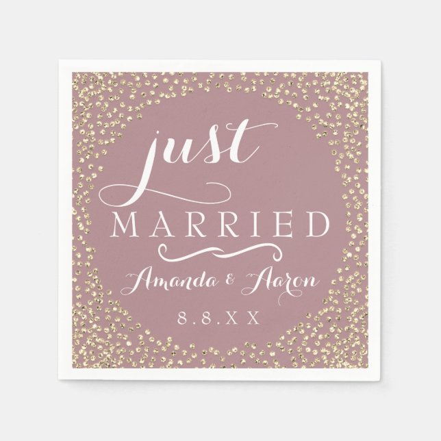Blush Mauve Gold Confetti Wedding Just Married Napkin (Front)