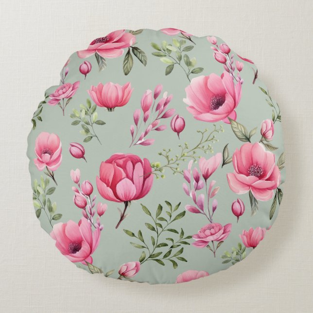 Blush Meadow-Petals In Bloom Round Pillow (Front)