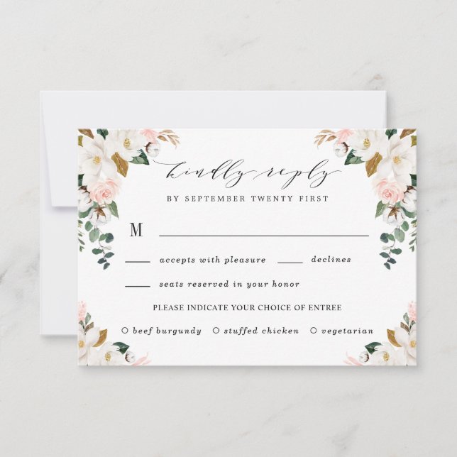 Blush Meal Choice Gold and White Magnolia Wedding RSVP Card (Front)