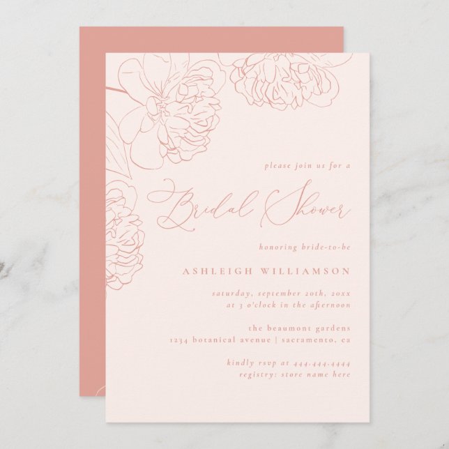 Blush Minimalist Hand-drawn Peonies Bridal Shower Invitation (Front/Back)