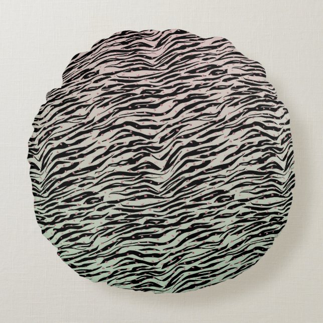 Blush Mint Black Zebra Print Glitzy Dots Ombre Round Pillow (Front)