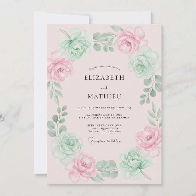 Blush Mint Graceful Floral Wedding Invitation (Front)
