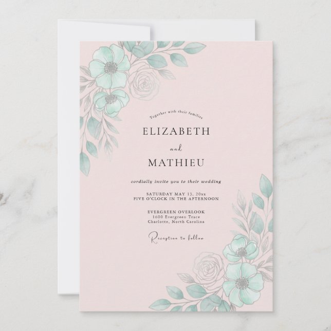 Blush Mint Leaf Wedding Invitation (Front)