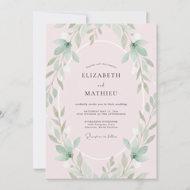 Blush Mint Leafy Wedding Invitation (Front)
