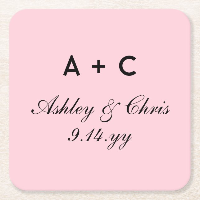Blush Modern Personalized Wedding Reception Favour Square Paper Coaster (Front)