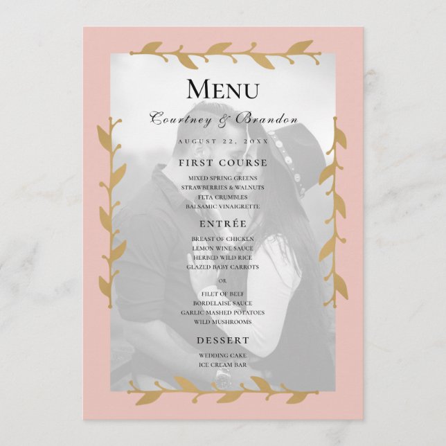 Blush Modern Photo Gold Feuille Mariage Menu (Devant)