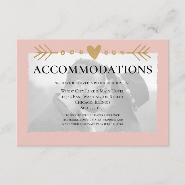 Blush Modern Photo Gold Hearts Accommodations Enclosure Card (Front)