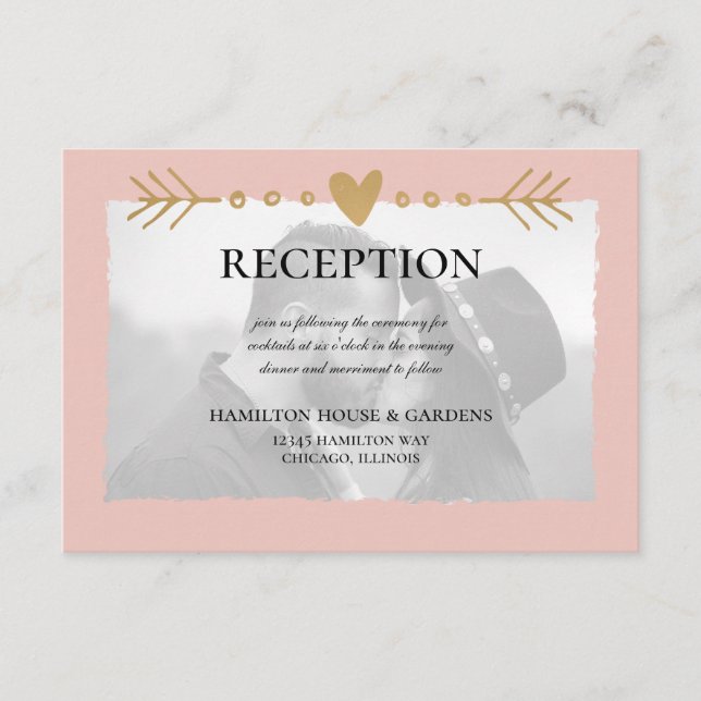 Blush Modern Photo Gold Hearts Reception Enclosure Card (Front)