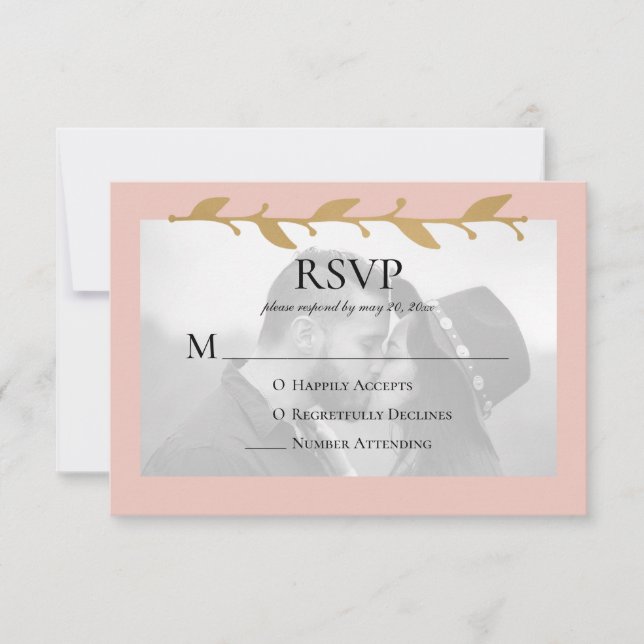 Blush Modern Photo Gold Leaves RSVP Card (Front)