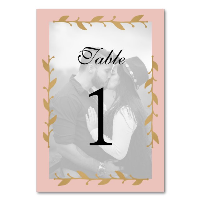 Blush Modern Photo Gold Leaves Table Number (Front)