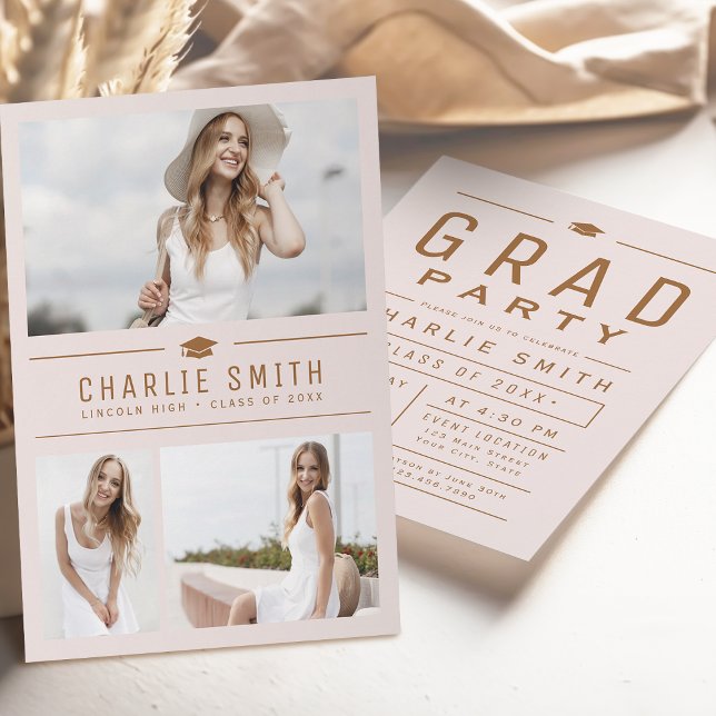 Blush Modern Typography 3 Photo Graduation Party Invitation (Blush Modern Typography 3 Photo Graduation Party Invitation)