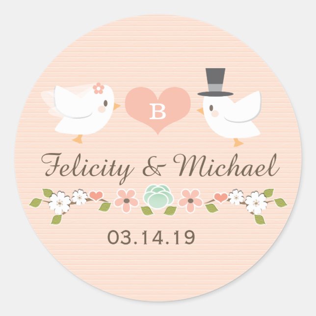 BLUSH MONOGRAM DOVE LOVE BIRDS WEDDING CLASSIC ROUND STICKER (Front)