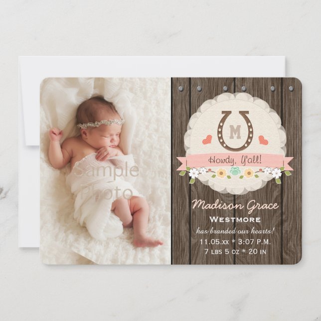 Blush Monogram Horseshoe Western Baby Faire-part (Devant)