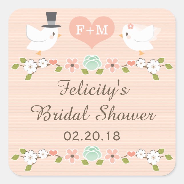 BLUSH MONOGRAMMED DOVE LOVE BIRDS BRIDAL SHOWER SQUARE STICKER (Front)