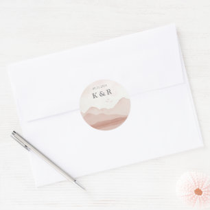 Blush Mountain Range Landscape Wedding Monogram Classic Round Sticker