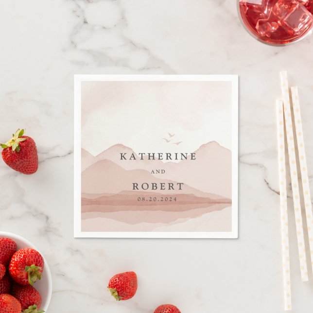 Blush Mountain Range Landscape Wedding Monogram Napkin (Insitu)