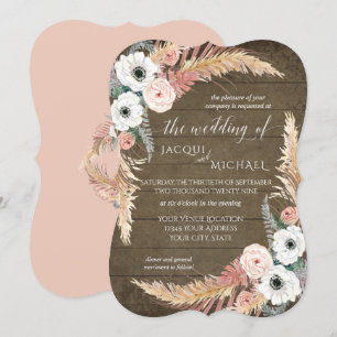 Blush n White Pampas Grass Floral Rustic Wedding Invitation
