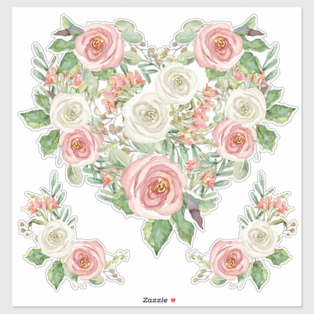 Blush n White Rose Watercolor Floral Heart Design (Sheet)