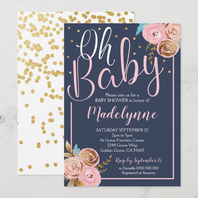 Blush Navy and Gold Floral Baby Shower invitation (Front/Back)