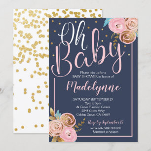 Blush Navy and Gold Floral Baby Shower invitation