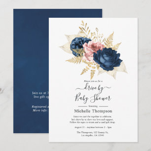 Blush, Navy and Gold Floral Drive By Shower Invitation
