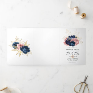 Blush, Navy and Gold Floral Wedding Tri-Fold Invitation
