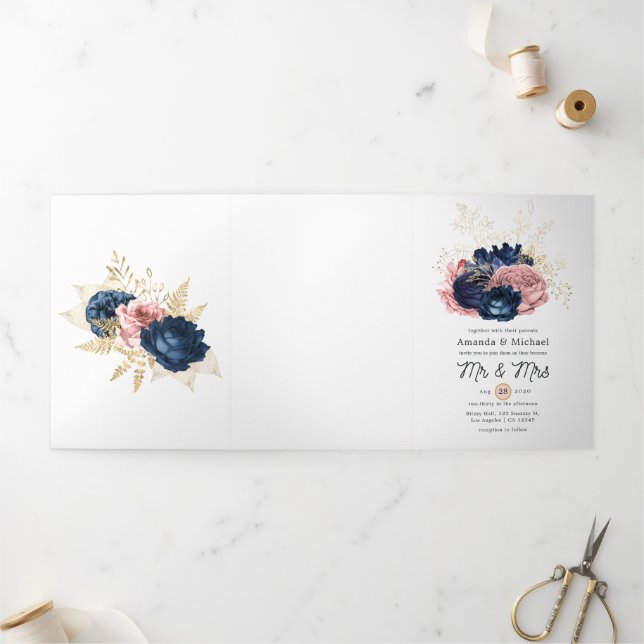 Blush, Navy and Gold Floral Wedding Tri-Fold Invitation (Outside)