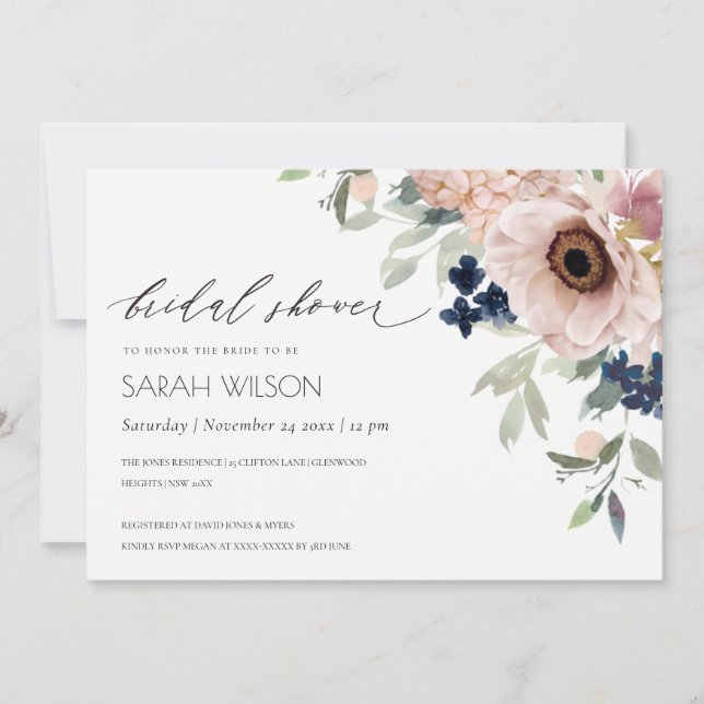 Blush Navy Anemone Floral Bridal Shower Invite (Front)