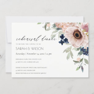 Blush Navy Anemone Floral Rehearsal Dinner Invite