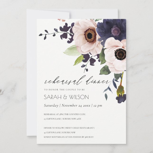Blush Navy Anemone Floral Rehearsal Dinner Invite (Front)
