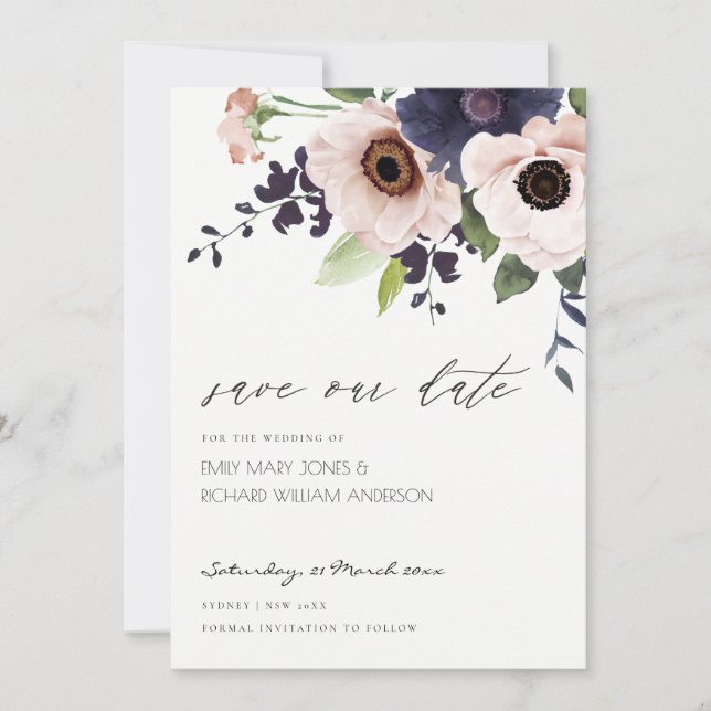 Blush Navy Anemone Floral Save the Date Card (Front)