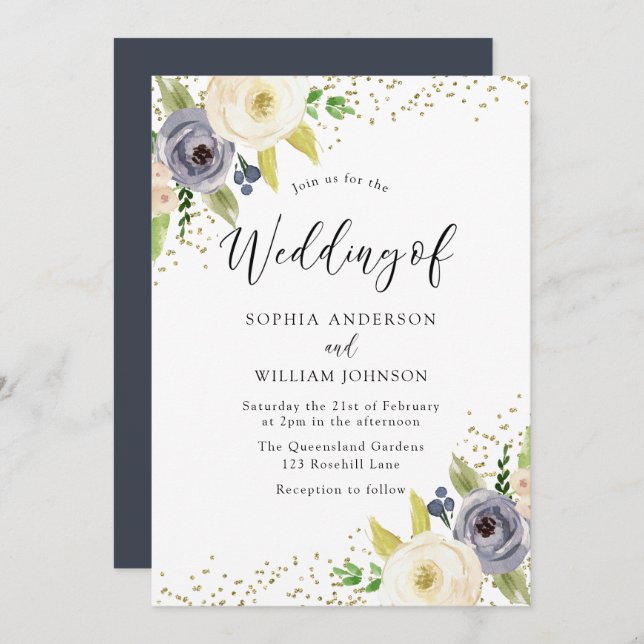 Blush Navy Blossom Flowers Gold Glitter Wedding Invitation (Front/Back)
